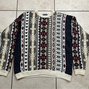 Vintage Chaps Ralph Lauren Patchwork Tribal Aztec Knit Sweater Cardigan Mens XL